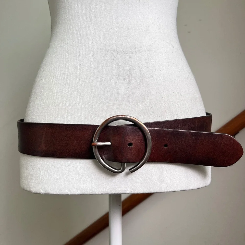Vintage Gap Belt Large Brown Genuine Leather Wide Silver Circle Buckle 90s